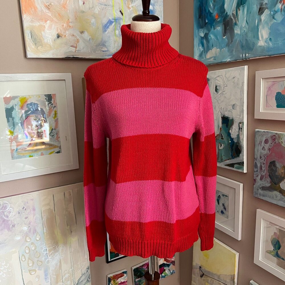 Cozy Isaac Mizrahi Red Pink‎ Preppy Knit Turtleneck Sweater 20th Anniversary M